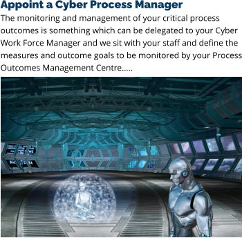 Appoint a Cyber Process Manager The monitoring and management of your critical process outcomes is something which can be delegated to your Cyber Work Force Manager and we sit with your staff and define the measures and outcome goals to be monitored by your Process Outcomes Management Centre…..
